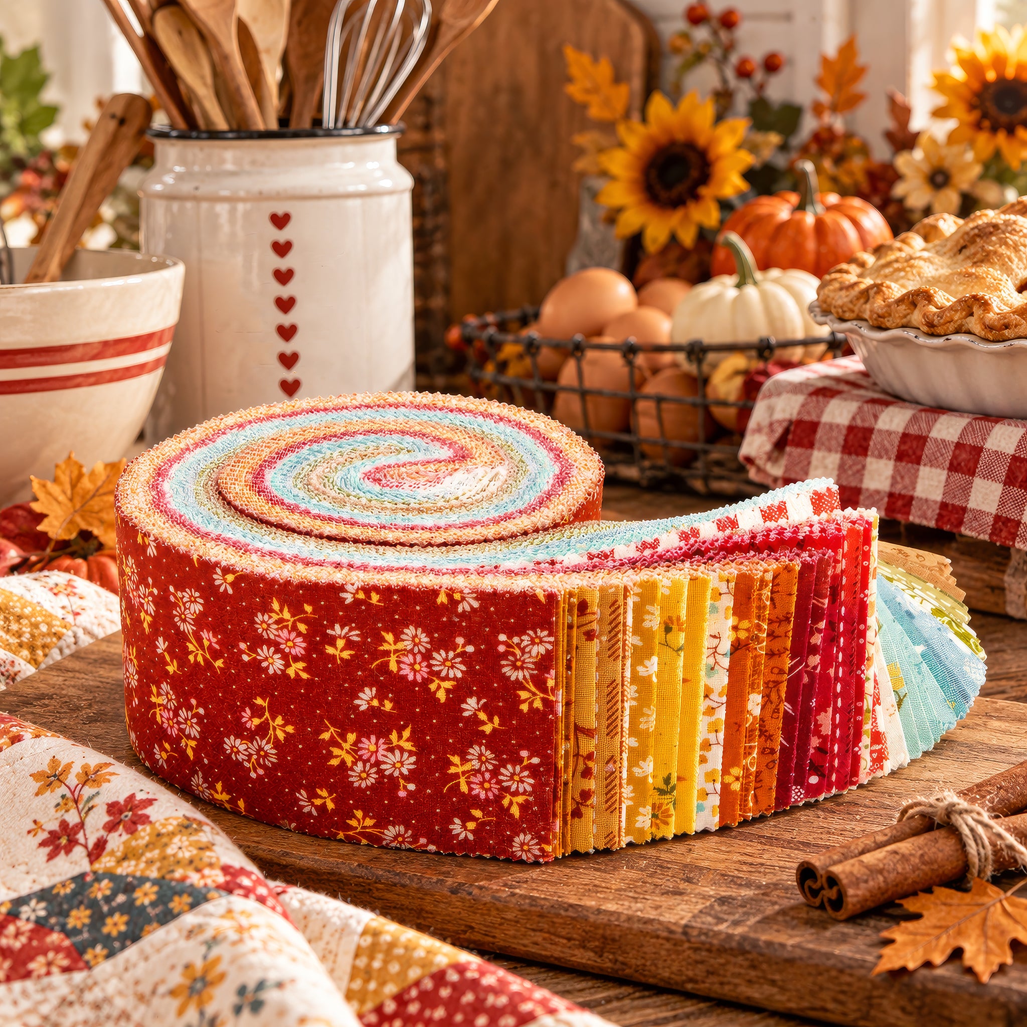 Baked With Love Rolie Polie fabric strips displayed in a cozy autumn baking scene.