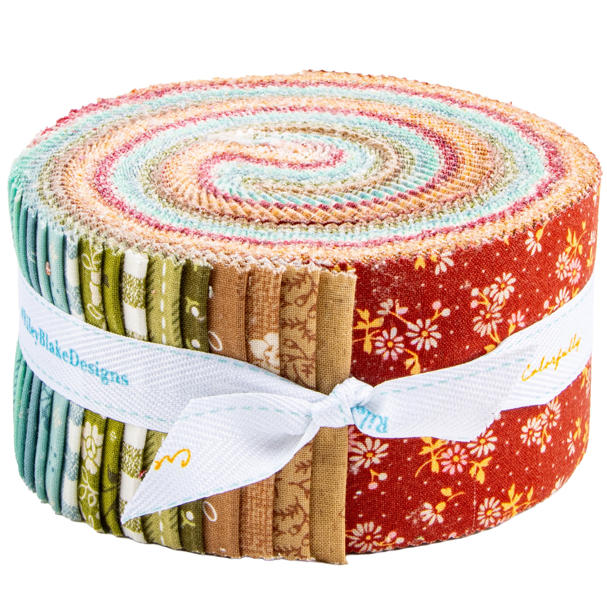 Baked With Love Rolie Polie with colorful precut fabric strips tied in a roll on a white background.