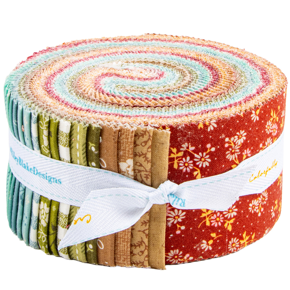 Baked With Love Rolie Polie with colorful precut fabric strips tied in a roll on a white background.