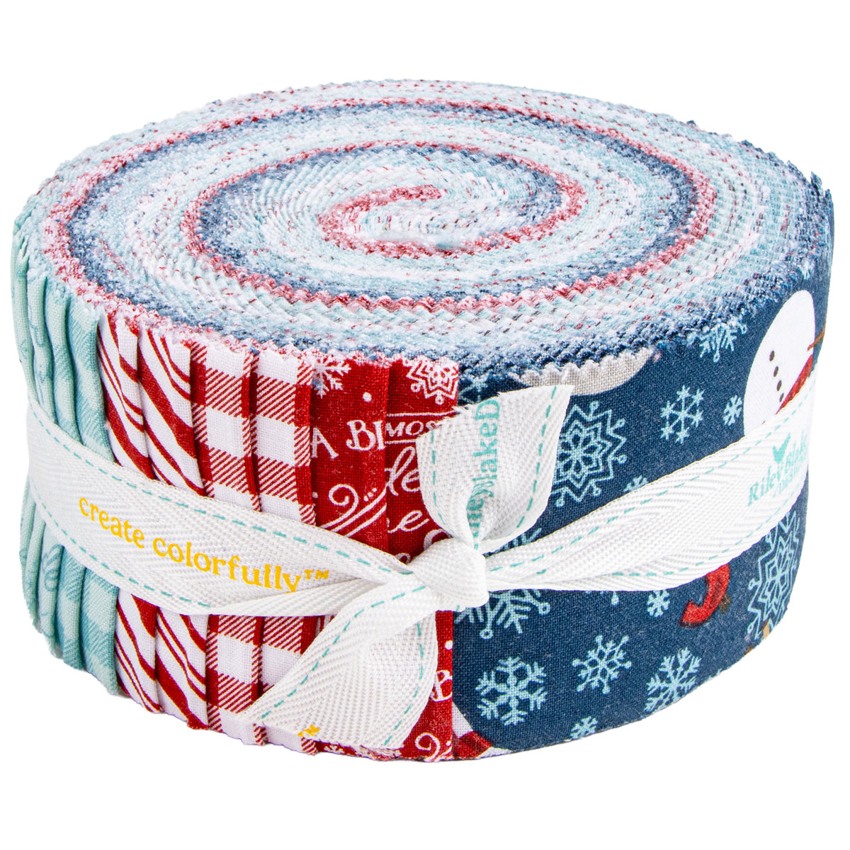 A Perfect Winter Rolie Polie 40-piece fabric bundle featuring rolled precut strips in red, white, icy blue, and navy with snowflakes, snowmen, candy canes, and festive plaid prints, tied with a white ribbon.