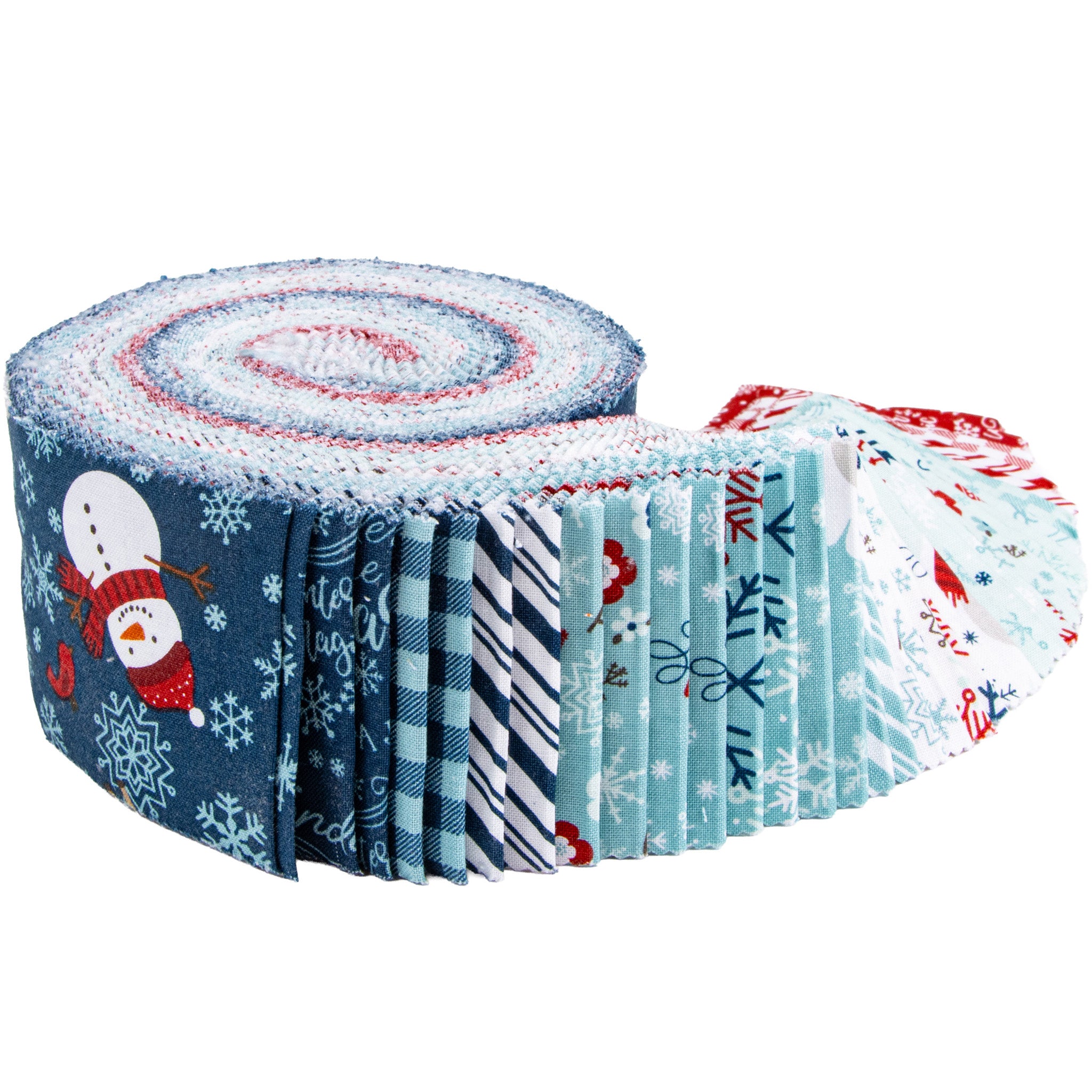 A Perfect Winter Rolie Polie fabric roll featuring snowmen, snowflakes, winter florals, gingham checks, and stripes in navy blue, icy aqua, red, and white, with coordinating fabric strips partially unrolled.