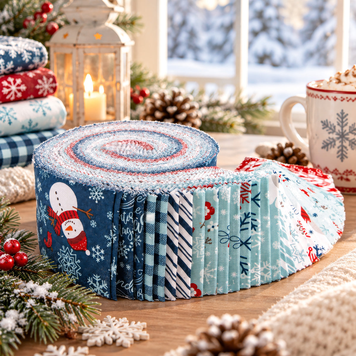 A Perfect Winter Rolie Polie fabric roll featuring snowmen, snowflakes, winter florals, gingham checks, and stripes in navy, icy blue, red, and white, displayed on a cozy holiday table with pinecones, evergreen branches, a glowing lantern, and a festive mug.