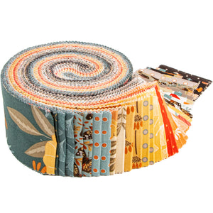 A rolled bundle of patterned fabric strips with a variety of autumn-themed designs including orange pumpkins, blue leaves, and yellow floral motifs, shown on a solid white background.