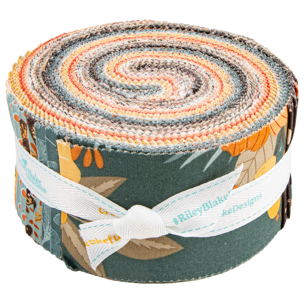 A rolled fabric bundle with a multicolor patterned design featuring orange, yellow, gray, and blue tones, wrapped with a white ribbon printed with the brand name Riley Blake Designs.