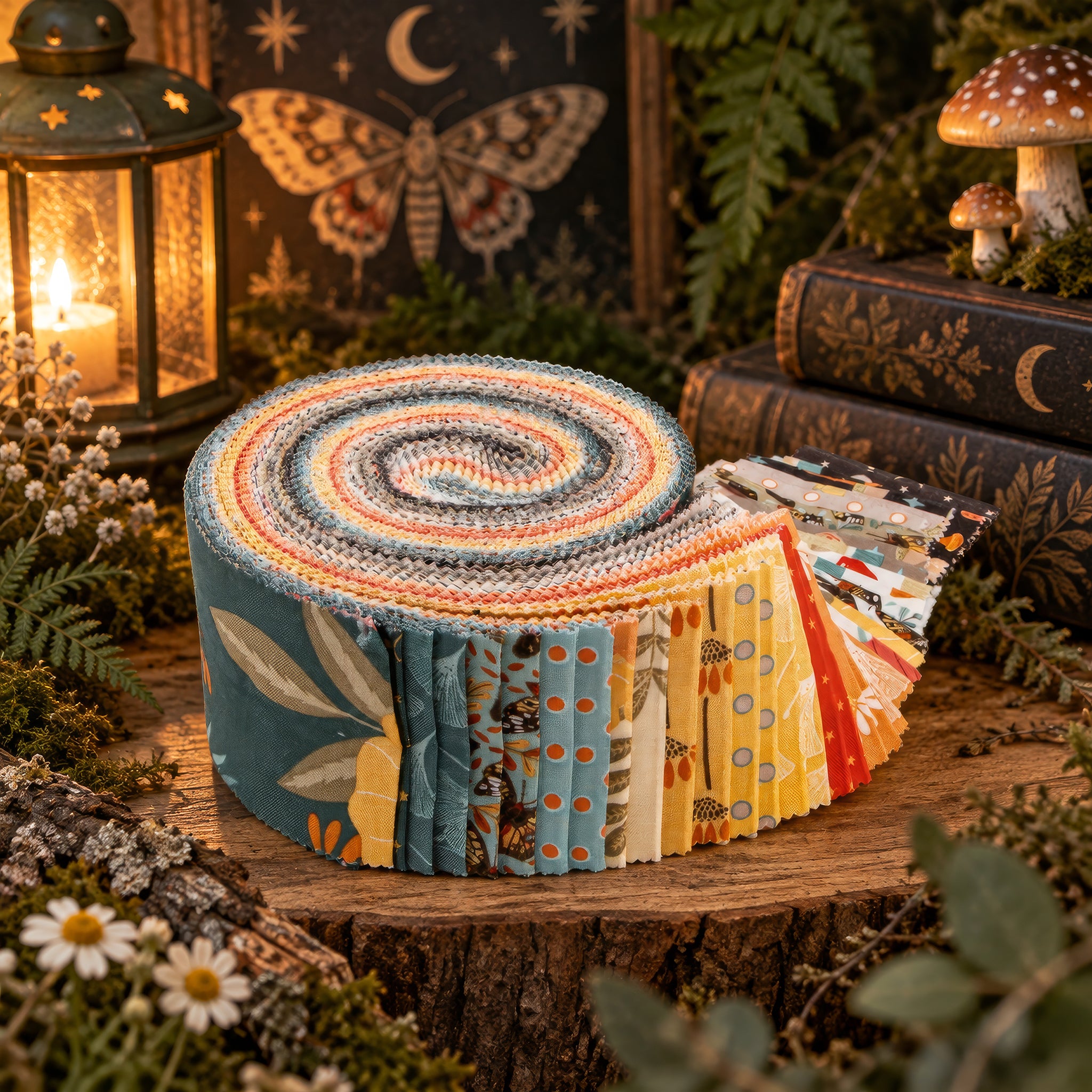 A rolled bundle of patterned fabric sits on a rustic wooden surface surrounded by decorative props, including a glowing lantern, books, mushrooms, and greenery. The fabric shows multiple printed patterns and colors, including blue, yellow, orange, beige, and floral motifs.