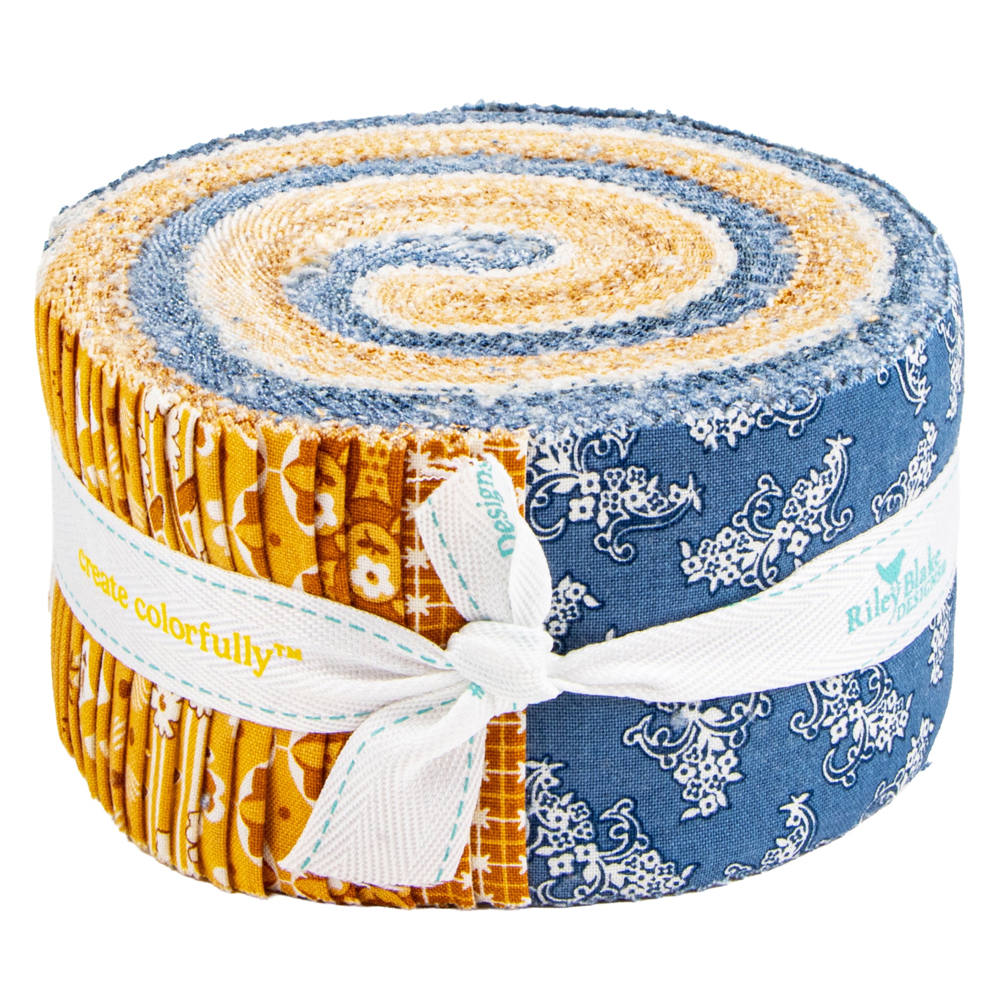 A fabric roll including the colors mustard yellow, blue with white floral patterns, and cream and blue spiral layers.