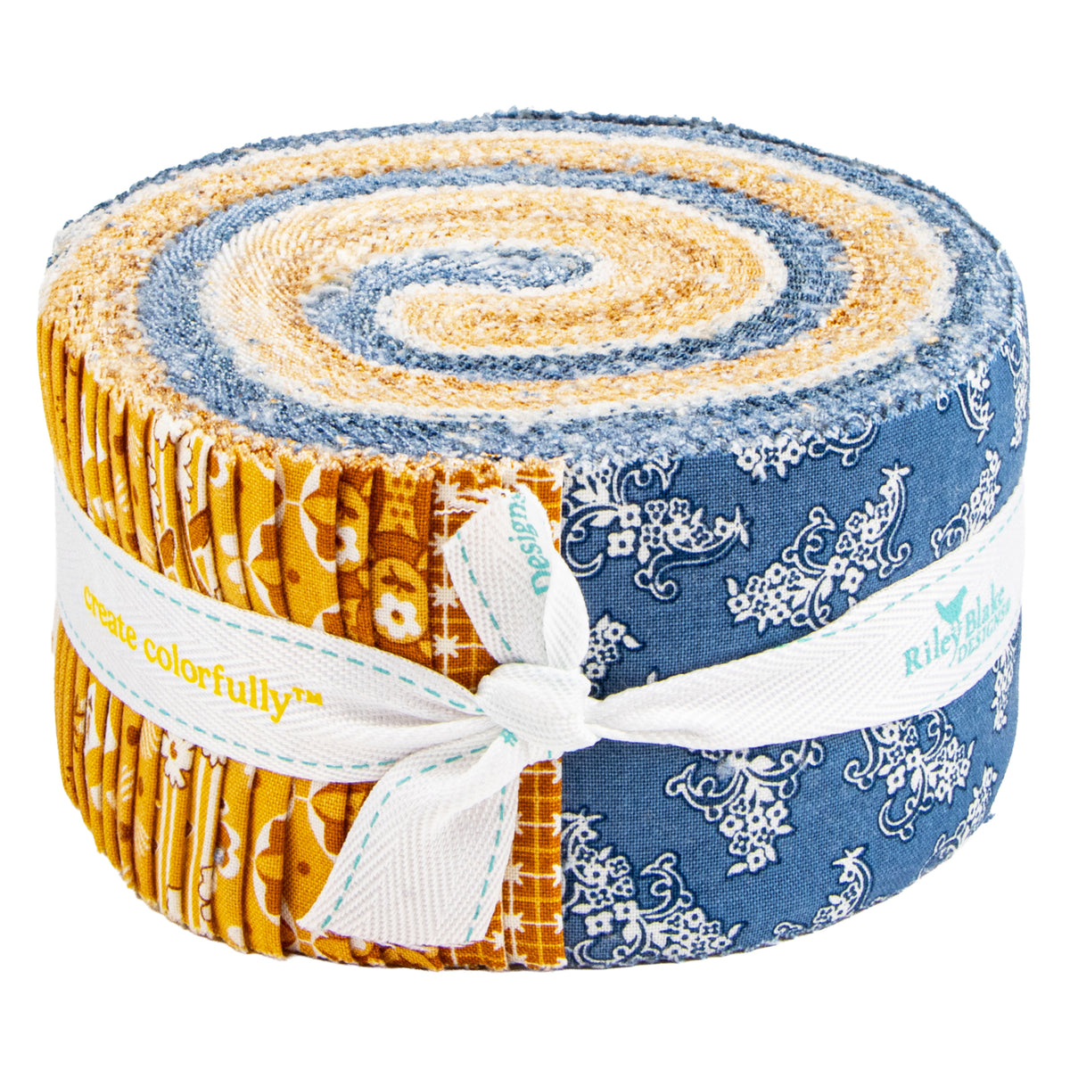 A fabric roll including the colors mustard yellow, blue with white floral patterns, and cream and blue spiral layers.