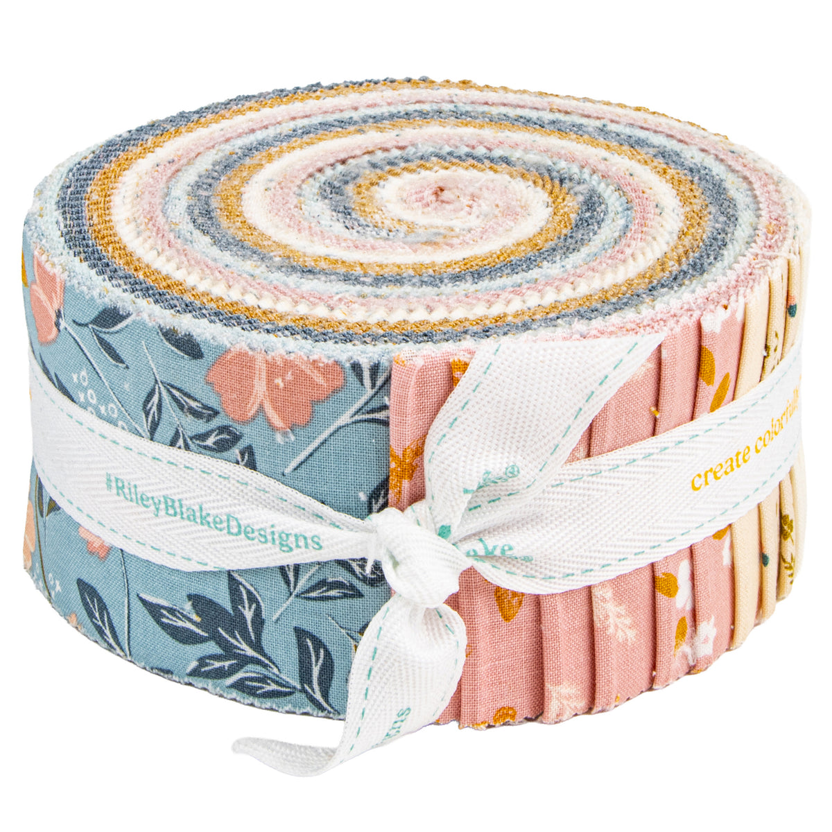 Petals & Hazel 40-piece Rolie Polie fabric roll tied with a white Riley Blake Designs ribbon.
