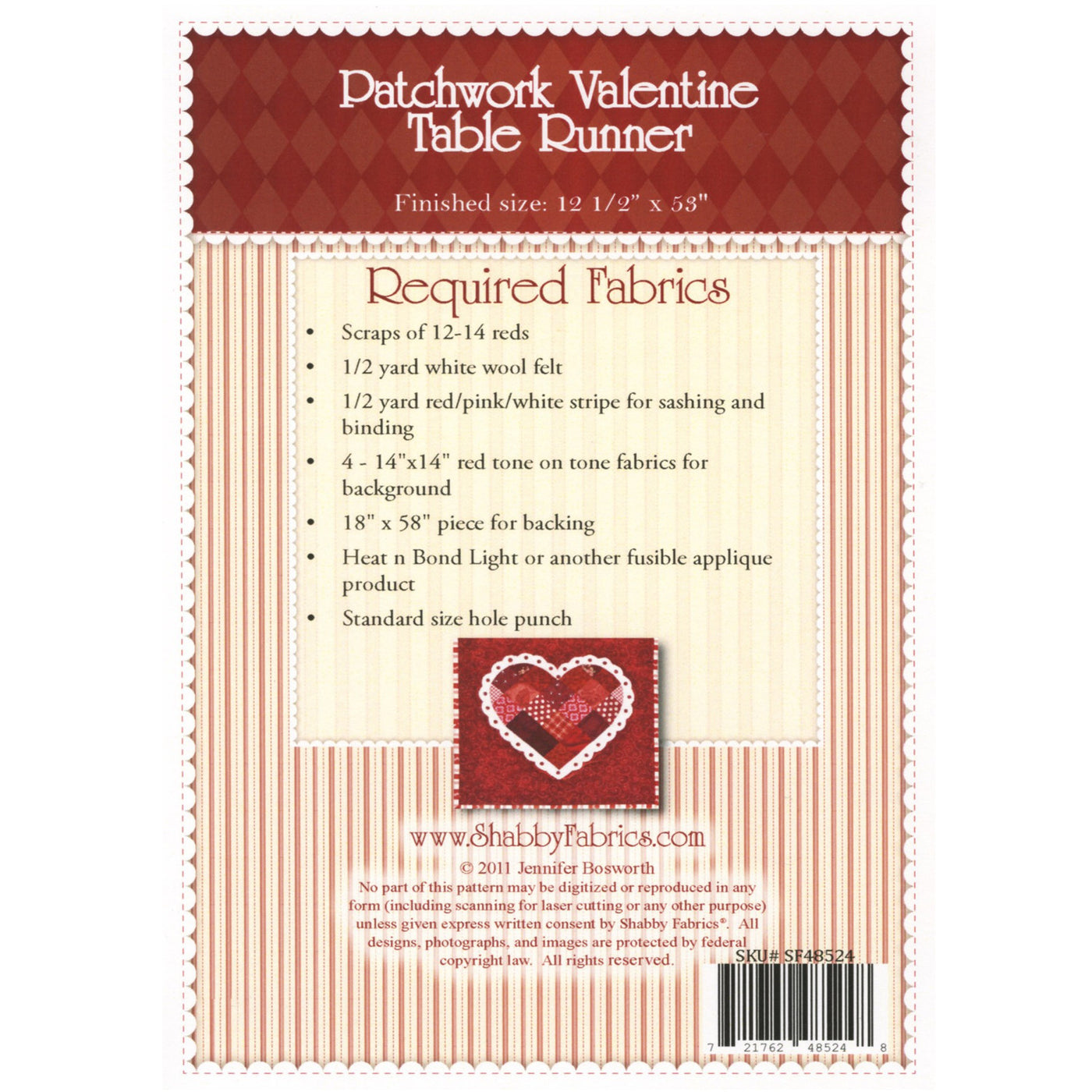 Patchwork Valentine Table Runner Pattern, Shabby Fabrics image # 38923