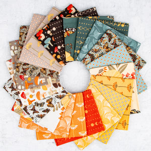 A circular arrangement of multiple patterned fabric swatches in autumn and nature-inspired colors, including orange, yellow, teal, brown, cream, and red, displayed on a light textured background.