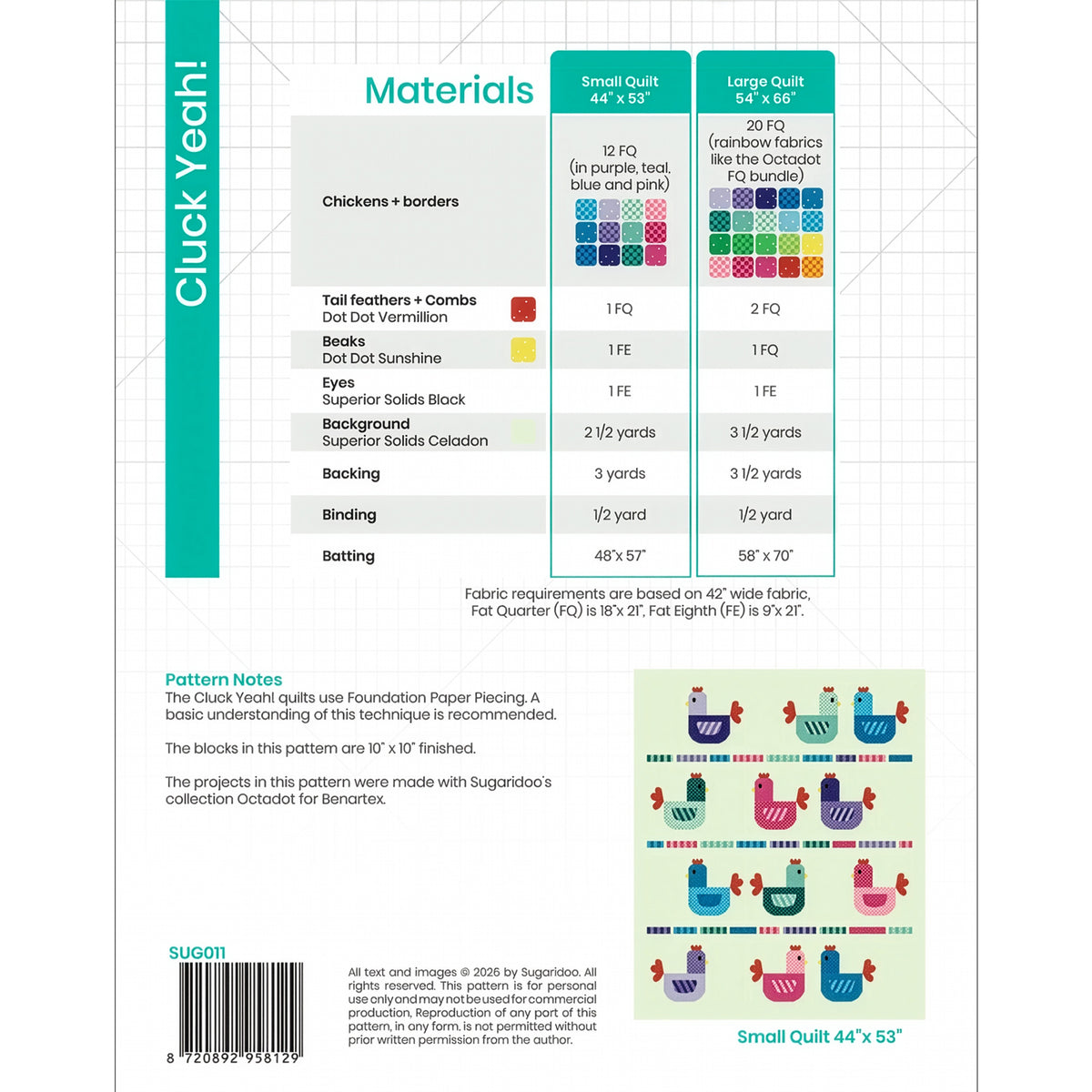 Cluck Yeah Quilt Pattern materials and fabric requirements for small and large quilt sizes.