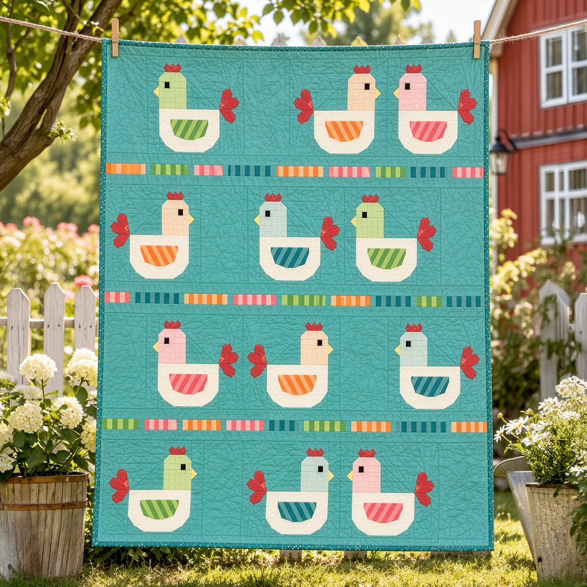 Cluck Yeah chicken quilt hanging outdoors with colorful hens on an aqua background.
