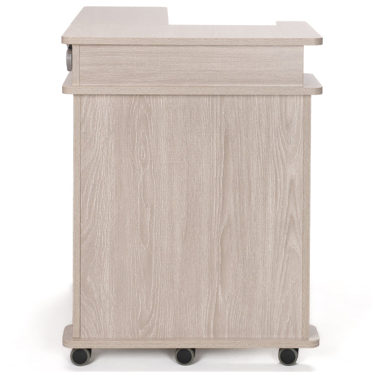 Koala Serger Studio cabinet side view showing light wood grain finish and rolling caster wheels
