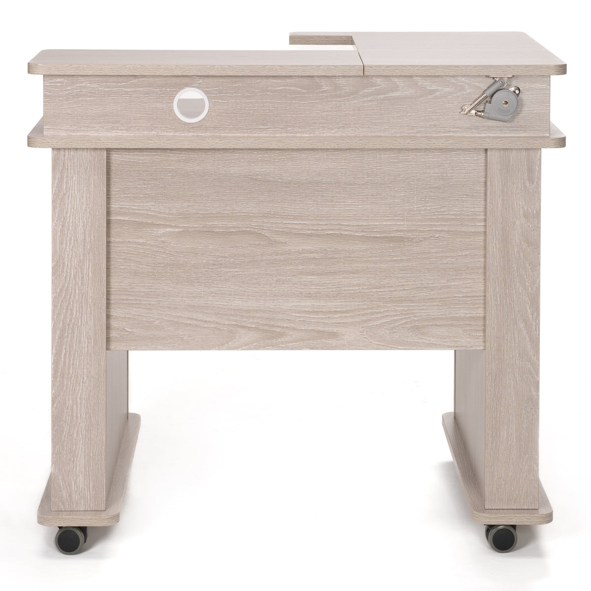 Koala Serger Studio sewing cabinet in driftwood finish, front view showing lift platform and locking casters