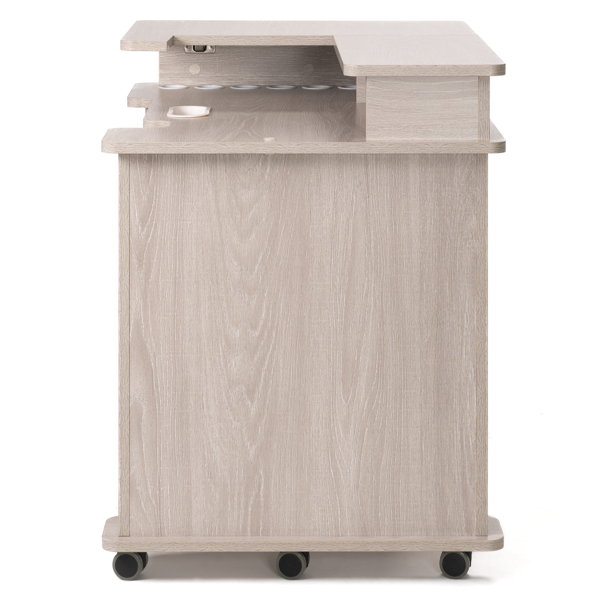 Koala Serger Studio cabinet side view showing raised platform, storage shelf and rolling casters