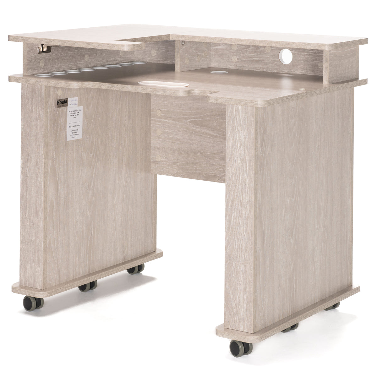 Koala Serger Studio sewing cabinet in light finish, angled view showing thread holders, cutouts and rolling casters