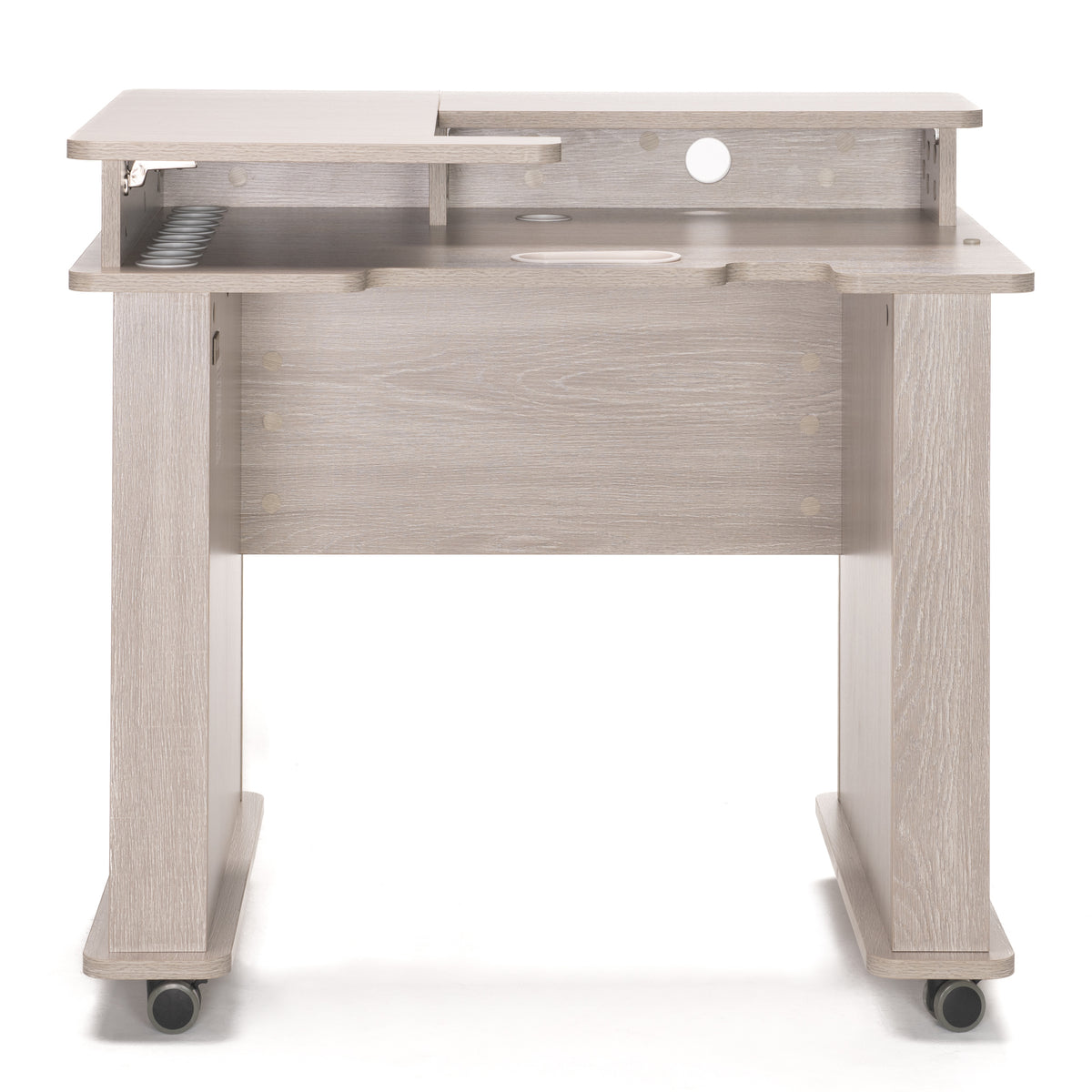 Koala Serger Studio cabinet with lift mechanism and platform open, showing storage compartment and casters