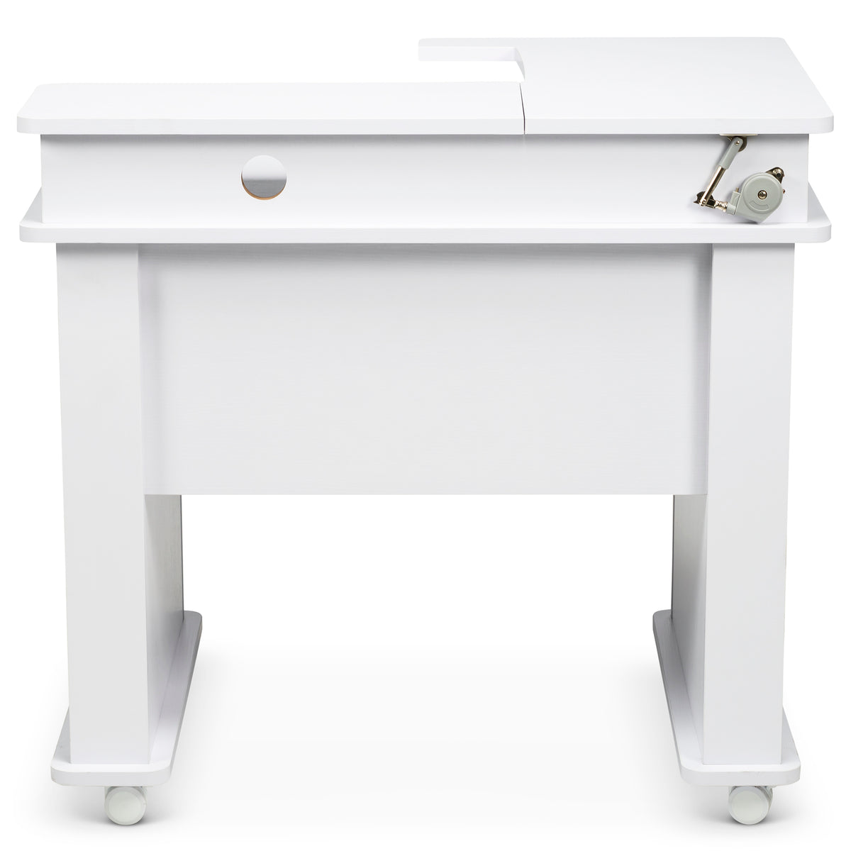 White Koala Serger Studio cabinet with lift platform lowered, shown on locking casters