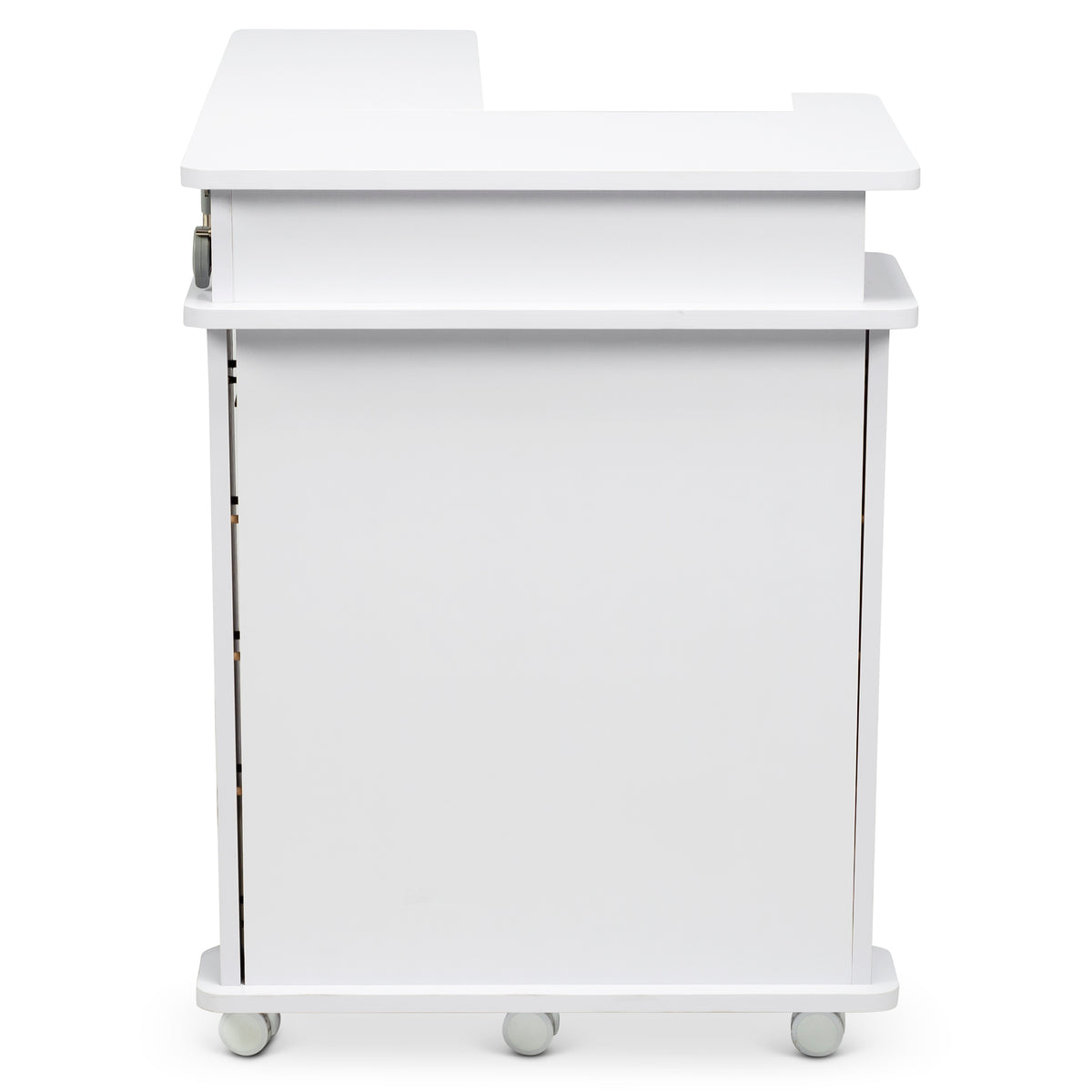 White Koala Serger Studio cabinet, rear view showing hinges and locking casters