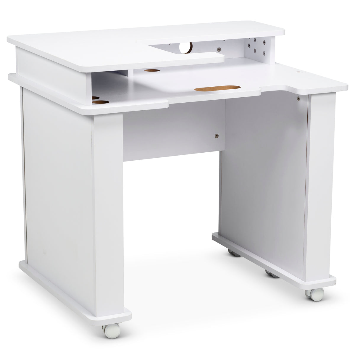 White Koala Serger Studio cabinet on casters, angled view showing open storage and cutout ports