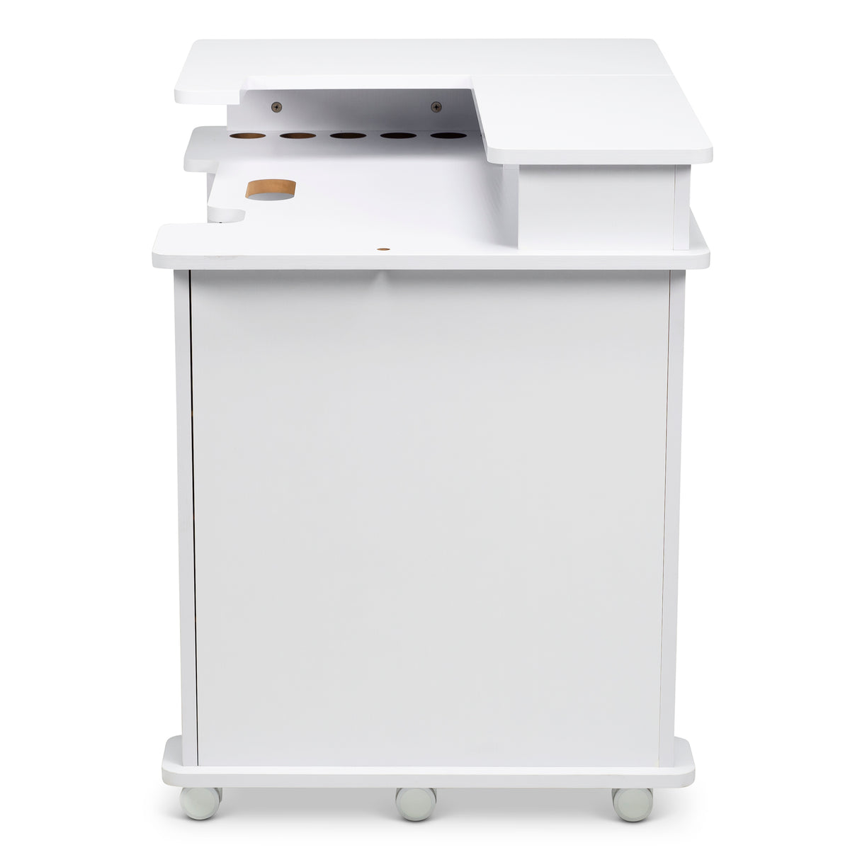 Koala Serger Studio cabinet in white, front view showing thread hole cutouts and rolling caster wheels