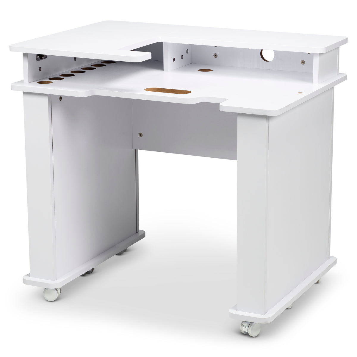 Koala Serger Studio cabinet in white, angled view showing drop-in platform, storage cutouts and locking casters