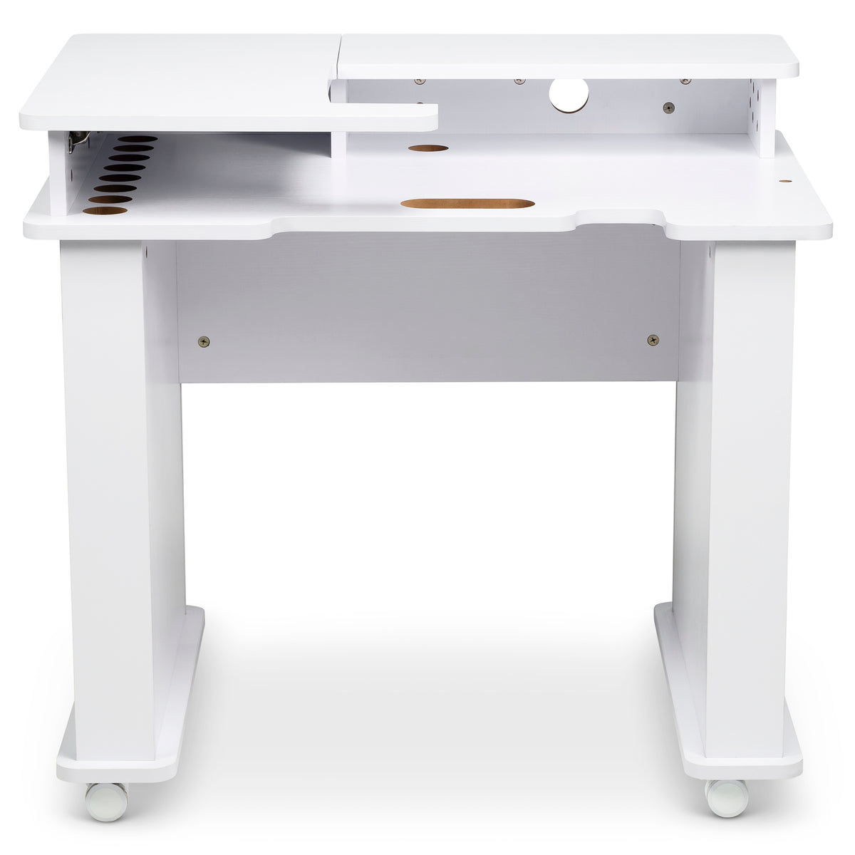 White Koala Serger Studio sewing cabinet with drop-down platform, thread cone holes and rolling casters