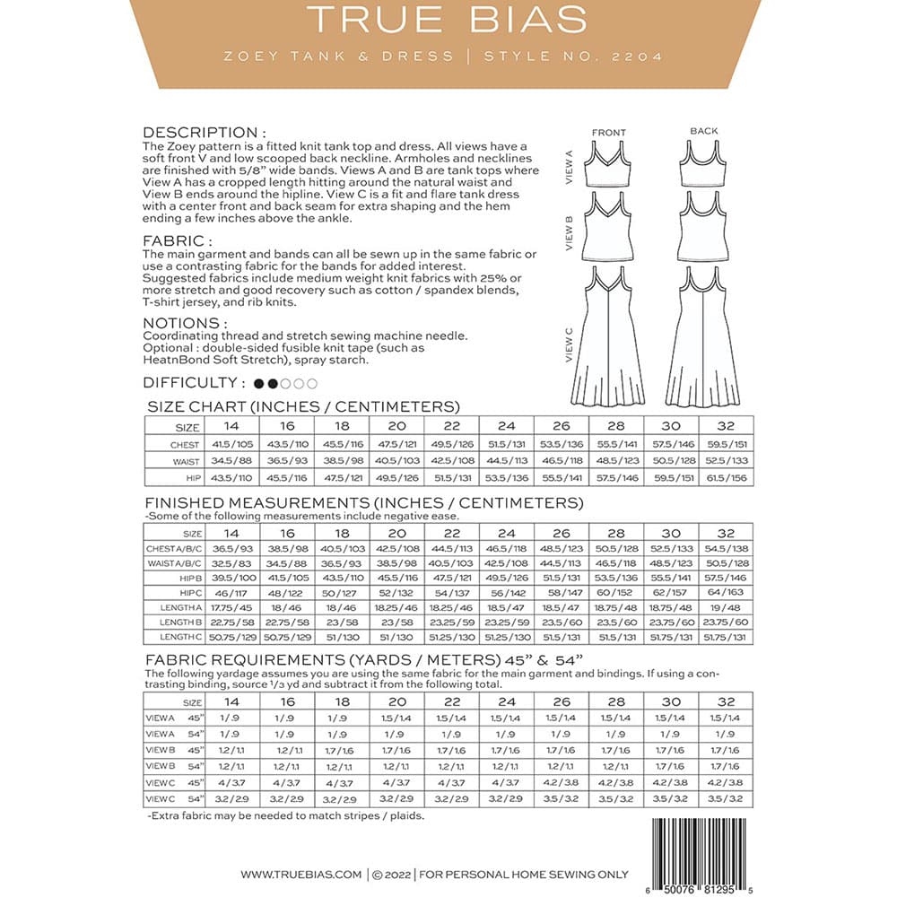 True Bias Patterns - Zoey Tank & Dress Pattern 14-32 image # 109641