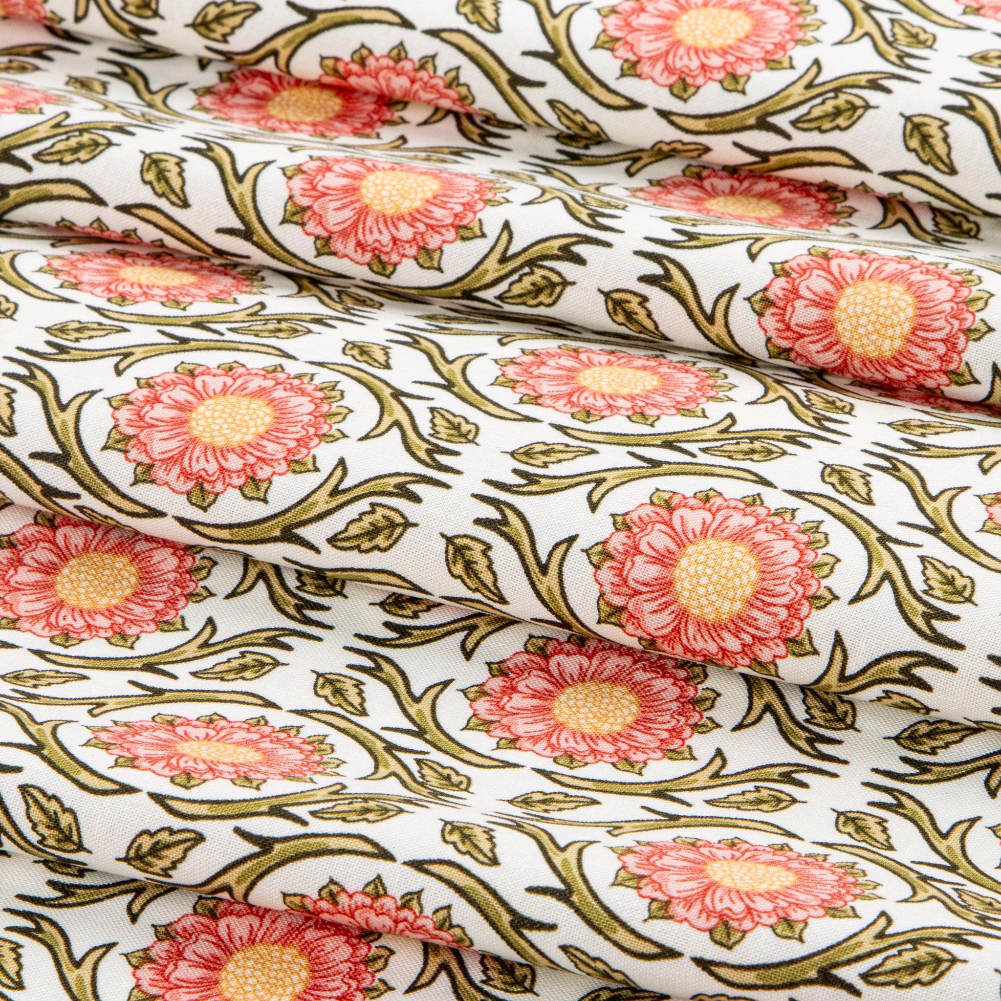 Cream fabric with coral flowers, curling green vines, and scattered leaves.