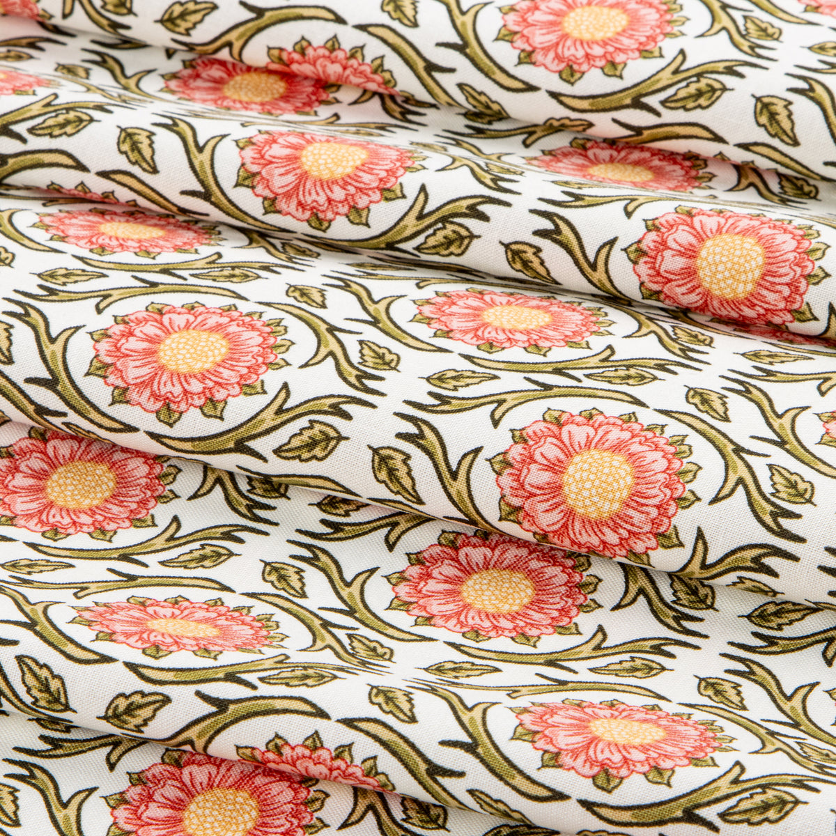 Cream fabric with coral flowers, curling green vines, and scattered leaves.