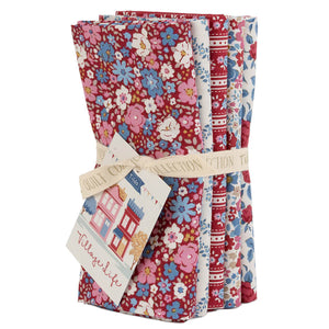 Tilda Village Life Burgundy Fat Quarter Bundle with 5 berry, blue and floral fabrics.