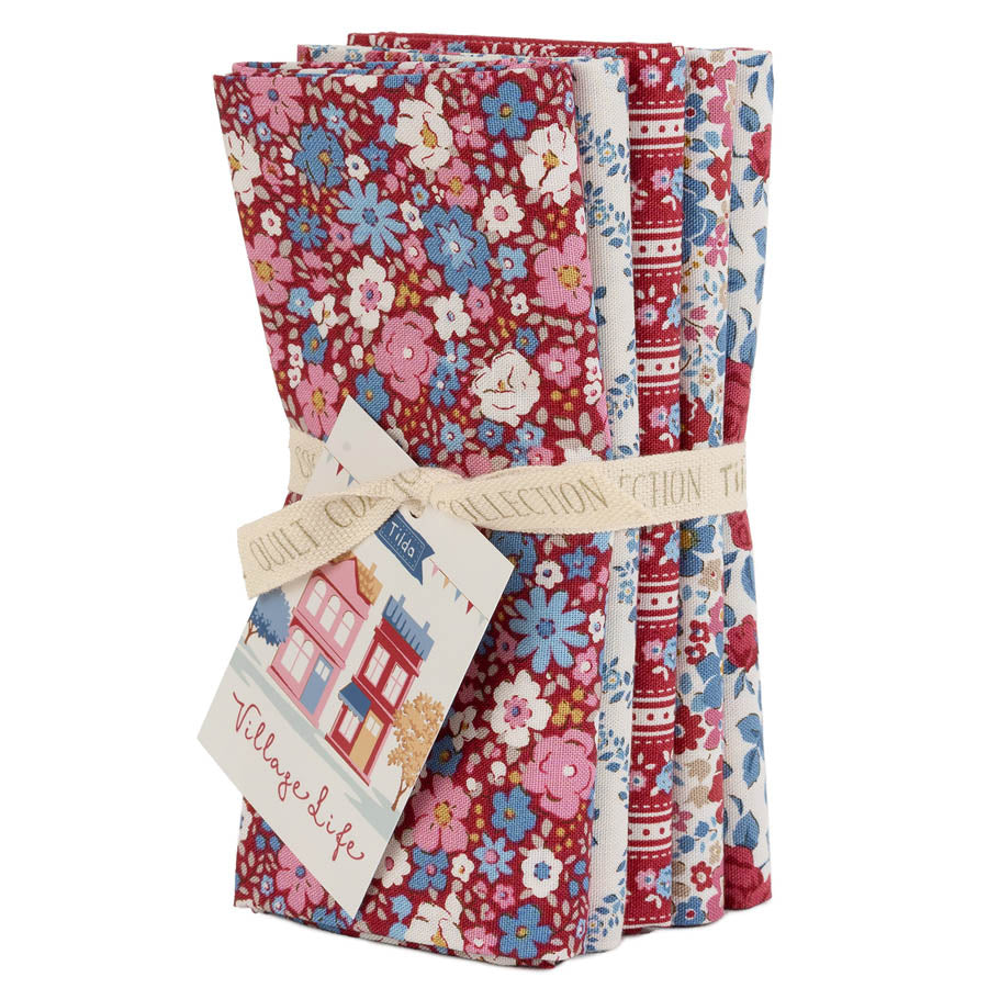 Tilda Village Life Burgundy Fat Quarter Bundle with 5 berry, blue and floral fabrics.