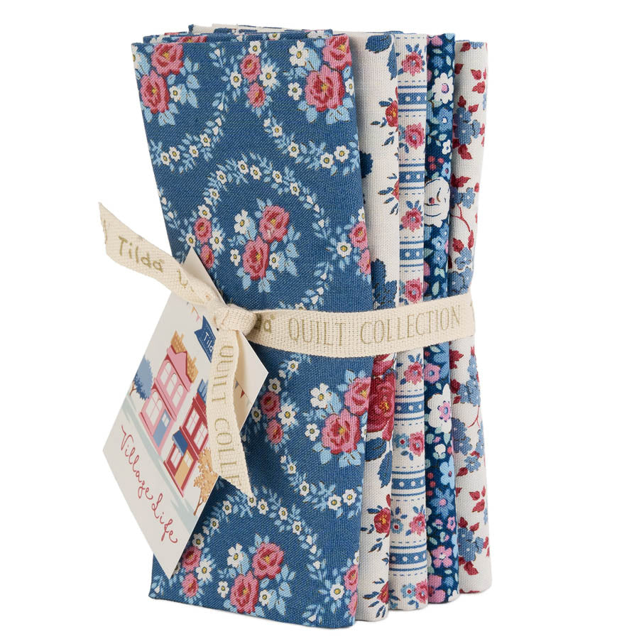 Tilda Village Life Blue Fat Quarter Bundle with 5 blue, pink and cream floral fabrics.