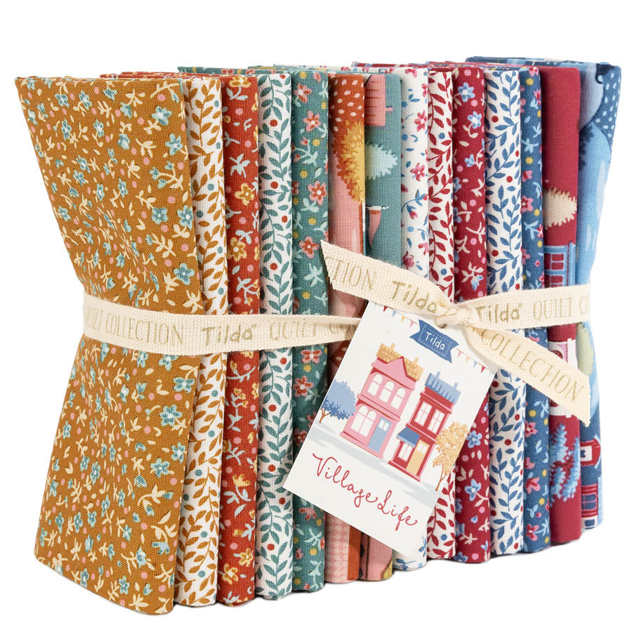 Tilda Village Life Fat Quarter Bundle with 14 colorful floral and village-inspired fabrics.
