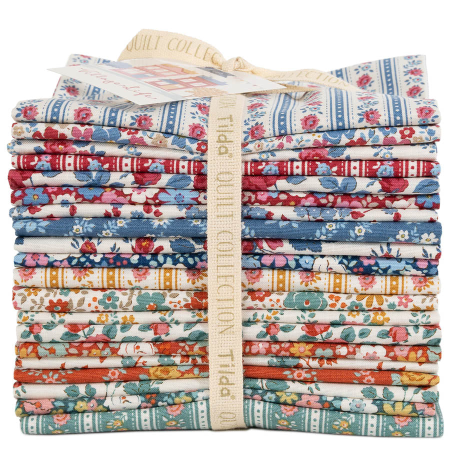 Tilda Village Life Fat Quarter Bundle with 20 coordinating floral fabrics in warm and cool colors.