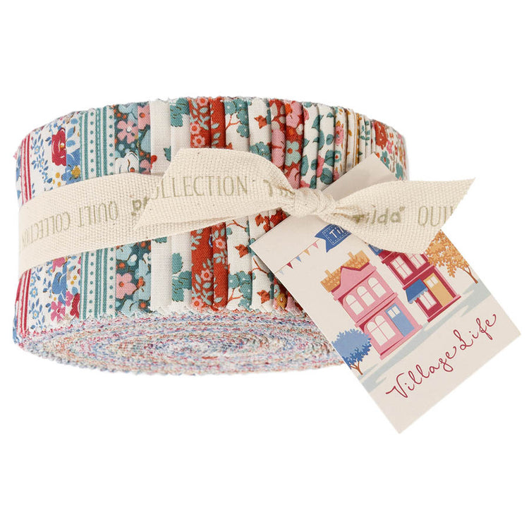 Tilda Village Life Fabric Roll with 40 precut 2.5-inch strips in colorful floral and coordinating prints.