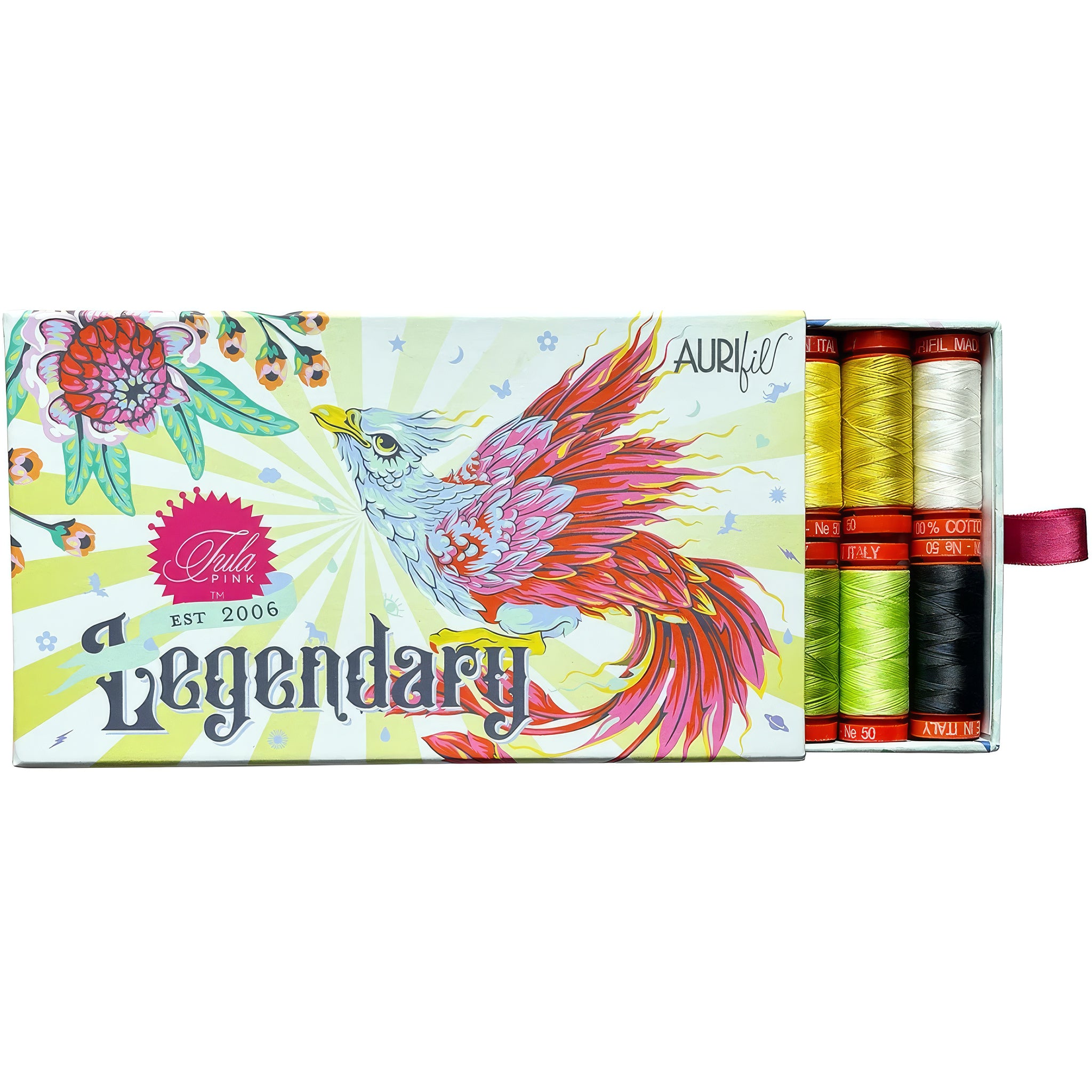 A box of Aurifil Tula Pink 'Legendary' sewing thread, showing the illustrated packaging and a side window revealing six colorful threads in yellow, white, green, orange, black, and red.