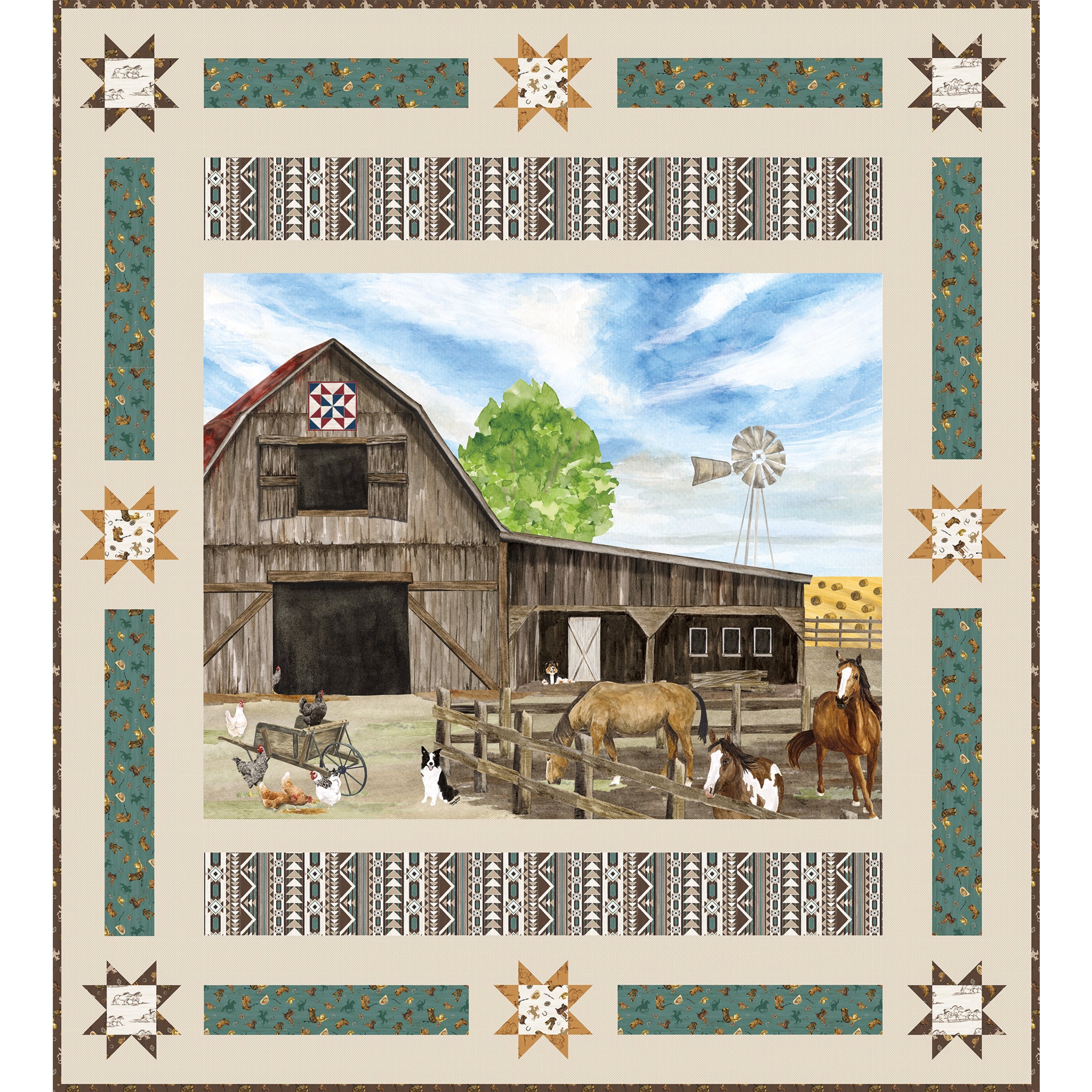 A square quilt featuring a rustic barn scene with horses, chickens, a windmill, and a blue sky, surrounded by a decorative cream border with geometric and star motifs.