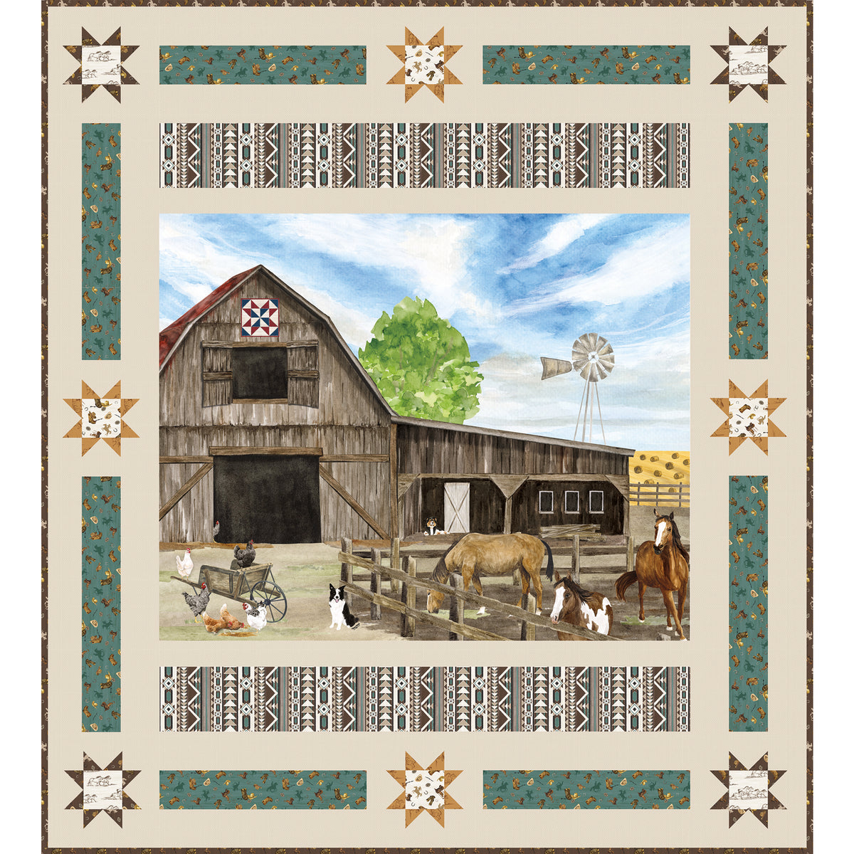 A square quilt featuring a rustic barn scene with horses, chickens, a windmill, and a blue sky, surrounded by a decorative cream border with geometric and star motifs.