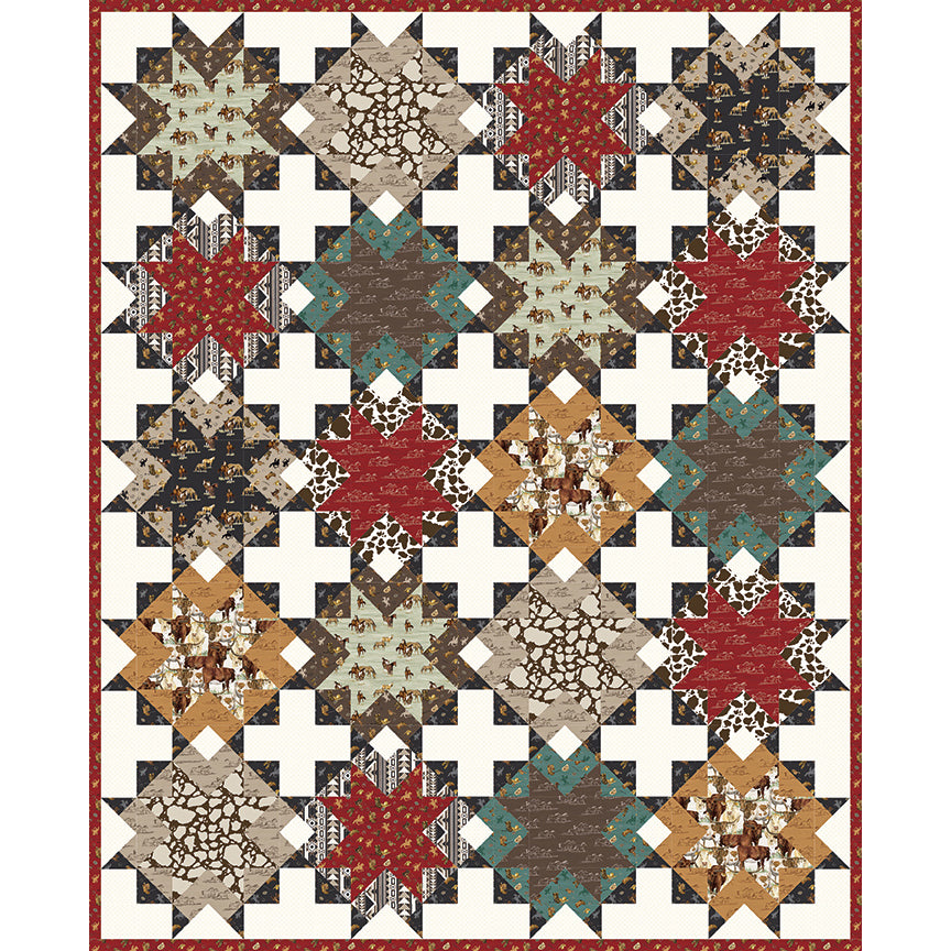 A quilt featuring a repeating geometric star-block pattern with cream, rust red, tan, brown, teal, and black patterned sections, bordered by a rust red and cream frame.