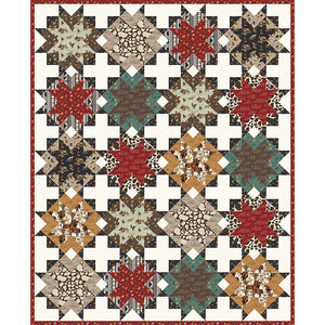 A quilt featuring a repeating geometric star-block pattern with cream, rust red, tan, brown, teal, and black patterned sections, bordered by a rust red and cream frame.