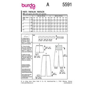 Sizing and construction chart for Burda Women's Loungewear with labeled measurements