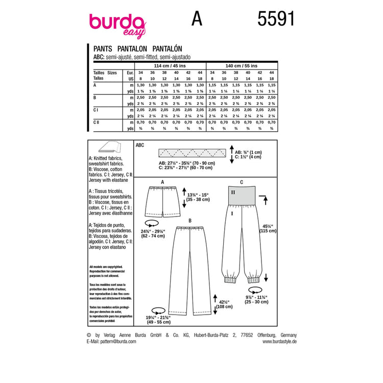 Sizing and construction chart for Burda Women's Loungewear with labeled measurements