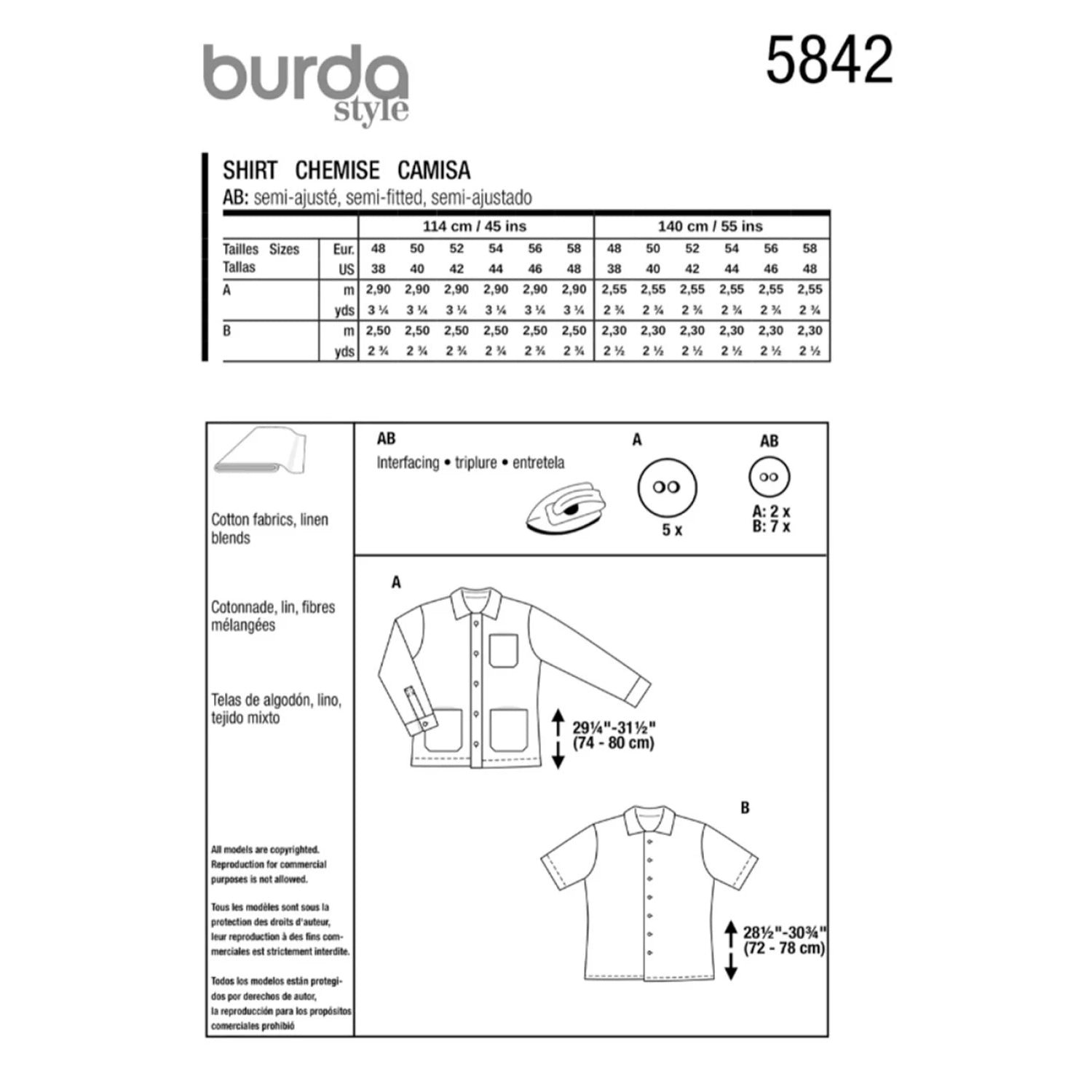 Sizing and construction chart for Burda Style Men's Jacket & Shirt with labeled measurements