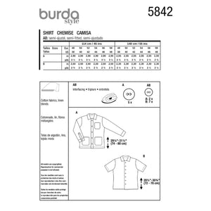 Sizing and construction chart for Burda Style Men's Jacket & Shirt with labeled measurements