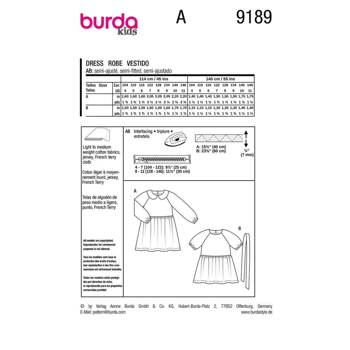 Sizing and construction chart for Burda Style Girl's Dress with labeled measurements