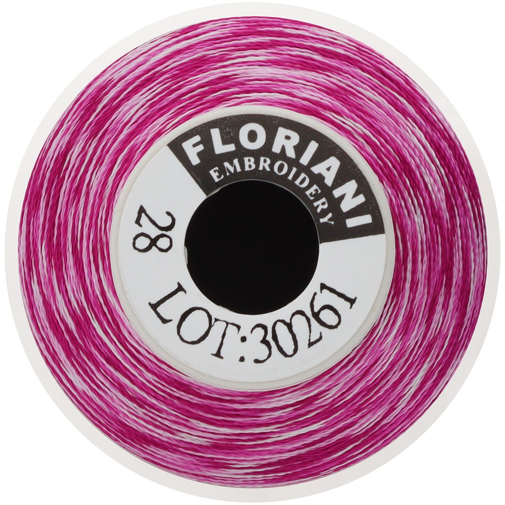 End view of Floriani variegated embroidery thread spool, pink and white blend, color 28