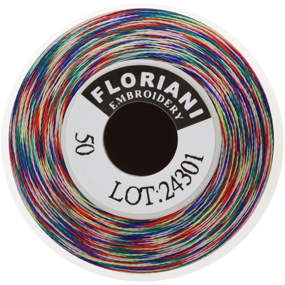 End view of Floriani 50wt variegated embroidery thread spool showing multicolour strands