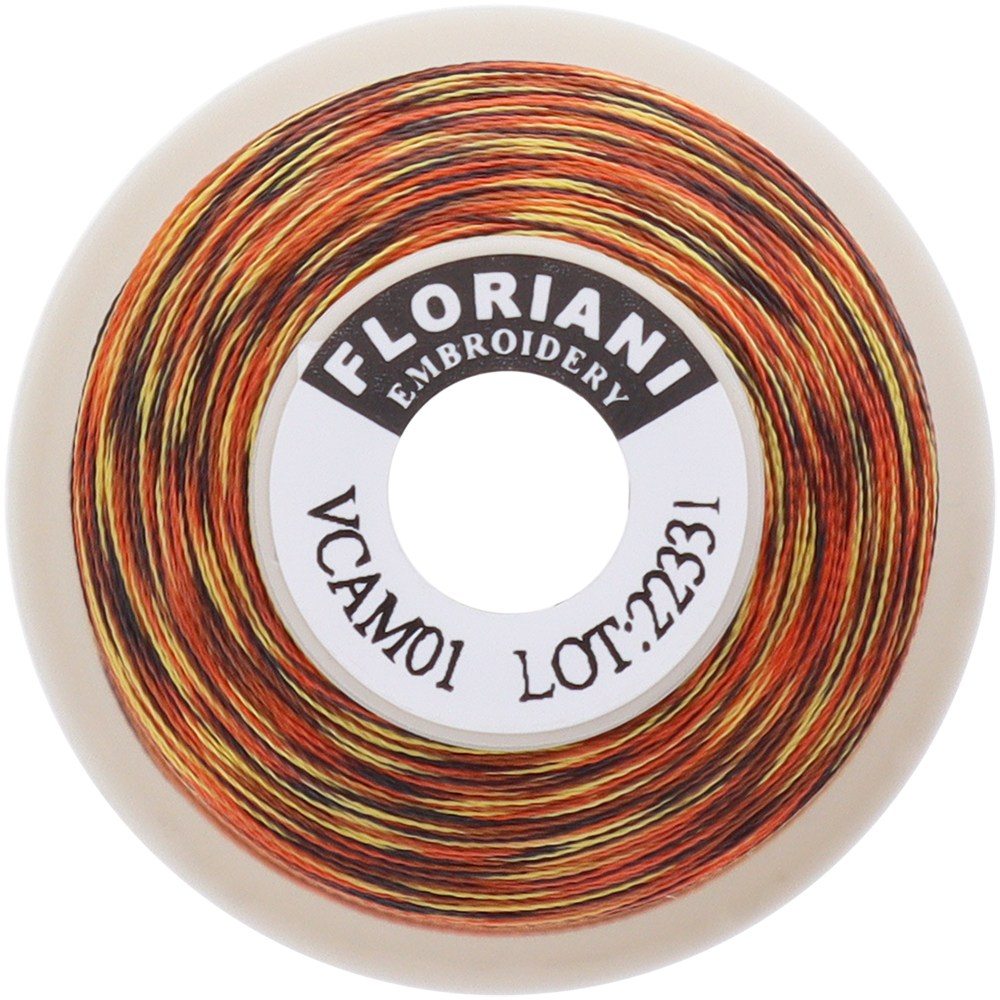 Floriani variegated embroidery thread spool, color VCAM01, in autumn tones of orange, yellow and brown