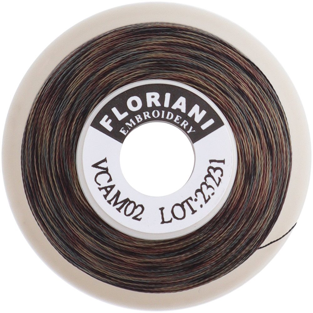 Floriani variegated embroidery thread spool, color VCAM02, in camouflage brown and green tones